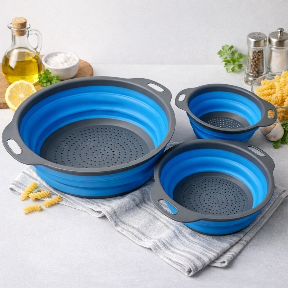 NEW Set‎ of 3 Collapsible Silicone Colanders Blue